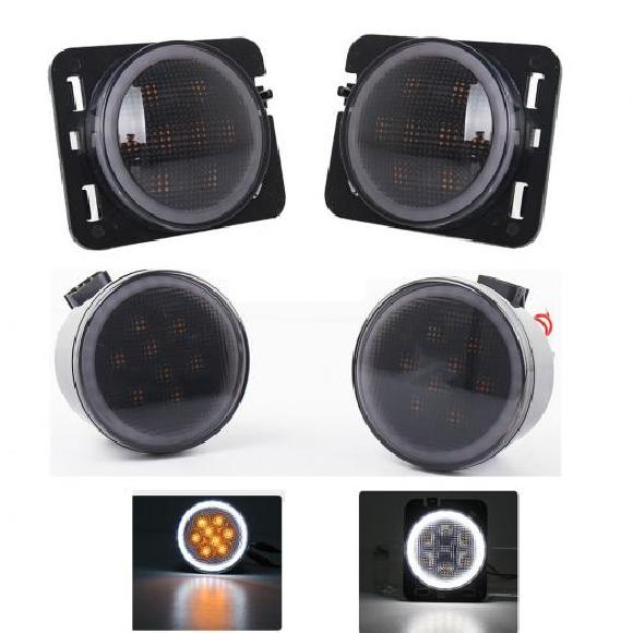 適用: ジープ/JEEP JK アクセサリー フロント フェンダー スモーク LED ウインカー エンジェル アイ サイド パーキング ライト 適用: ジープ/JEEP ラングラー LED 4ピース ターン ライト AL-KK-2895 AL Car parts
