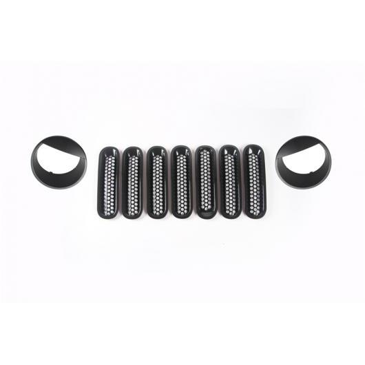フロント グリル メッシュ+ベゼル ヘッドライト トリム カバー 適用: ジープ/JEEP ラングラー JK JKU 2007-2017 エクステリア アクセサリー ABS ブラック 9個 ブラック AL-KK-7274 AL Car decorative parts