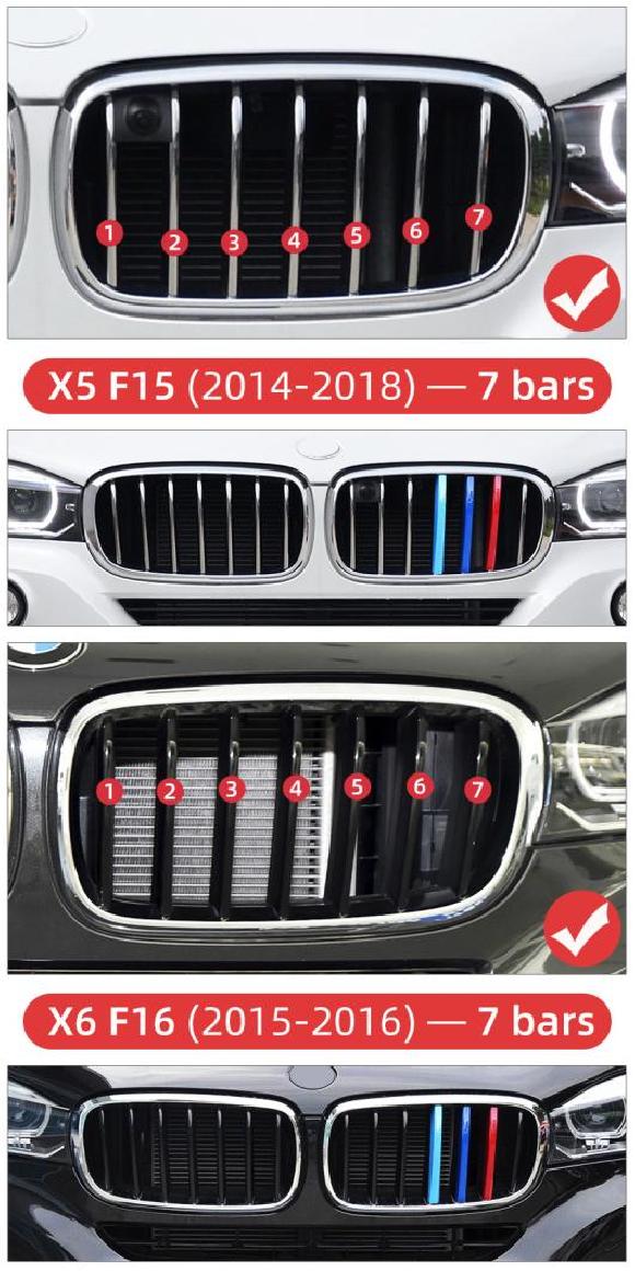 3ピース フロント グリル トリム ストリップ ステッカー 適用: BMW E90 E60 F10 F20 F30 F34 G30 X1 E84 F48 X3 F25 X5 F15 16 X5 F15 14-18 7バー・X6 F16 15-16 7バー AL-LL-1311 AL Exterior parts for cars｜オートパーツエージェンシー 10,046円
