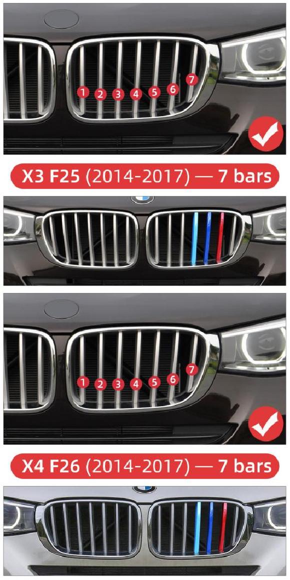 3ピース フロント グリル トリム ストリップ ステッカー 適用: BMW E90 E60 F10 F20 F30 F34 G30 X1 E84 F48 X3 F25 X5 F15 16 X3 F25 14-17 7バー・X4 F26 14-17 7バー AL-LL-1311 AL Exterior parts for cars