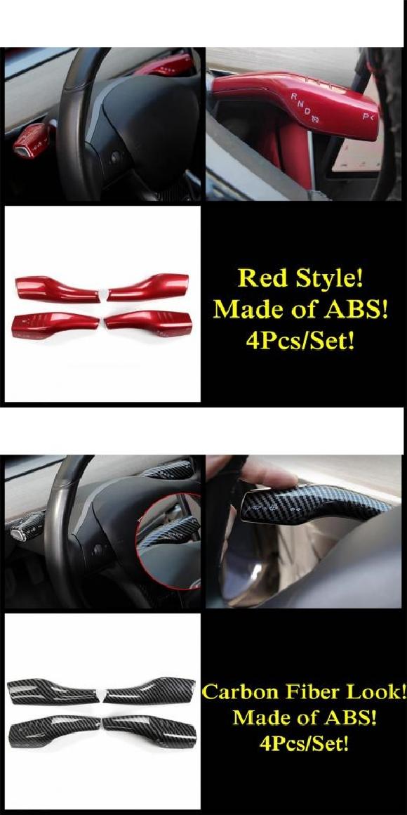 シフト レバー パドル ステアリング ホイール 拡張 カバー トリム ABS カーボン調/レッド インテリア 適用: テスラ/TESLA モデル 3 モデル Y 2021 レッド・カーボン調 AL-PP-1491 AL Interior parts for cars