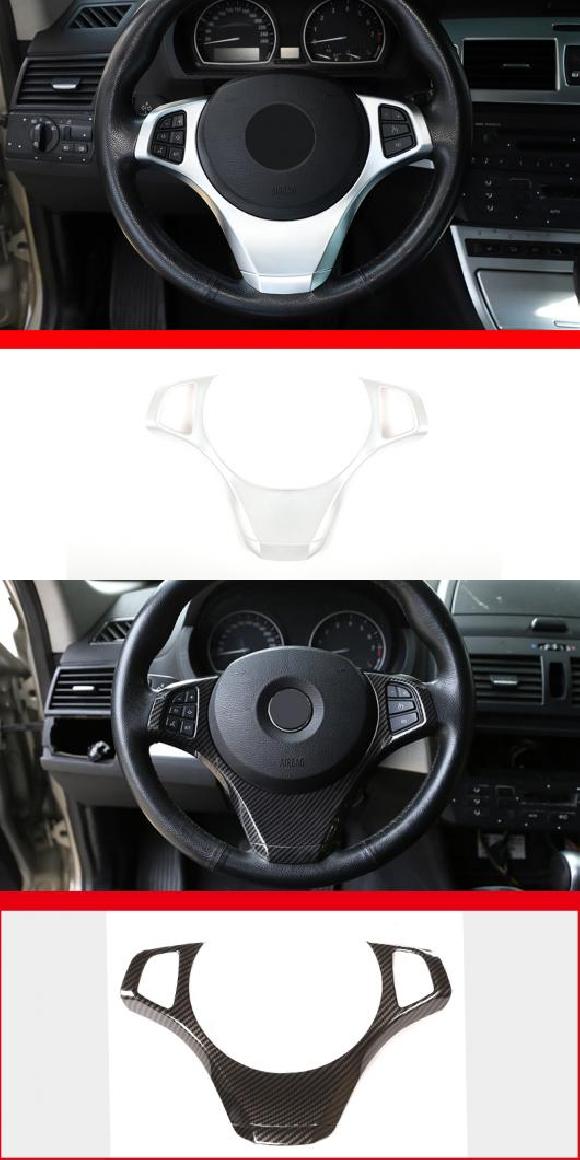 適用: BMW X3 E83 2006-2009 ABS カーボンファイバー調 ステアリング ホイール トリム カバー ステッカー 装飾 インテリア アクセサリー シルバー・カーボン調 AL-PP-2438 AL Interior parts for cars