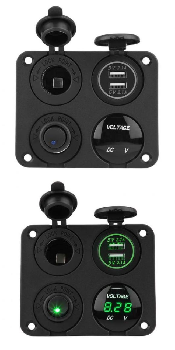 パネル デュアル USB スイッチ パネル USB 電圧計 スイッチ パネル 4ギャング トグル スイッチ パネル スイッチ パネル シガーソケット ソケット ブルー・グリーン AL-RR-6132 AL Interior parts for cars