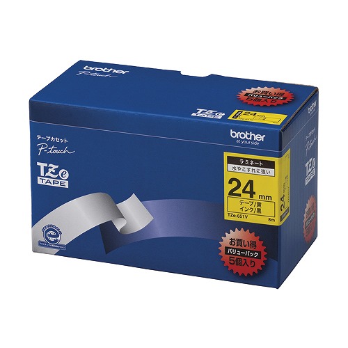 ブラザー工業 ピータッチテープ 黄/黒 24mm 入数：1箱(5個) TZE-651V(09849) pea touch tape