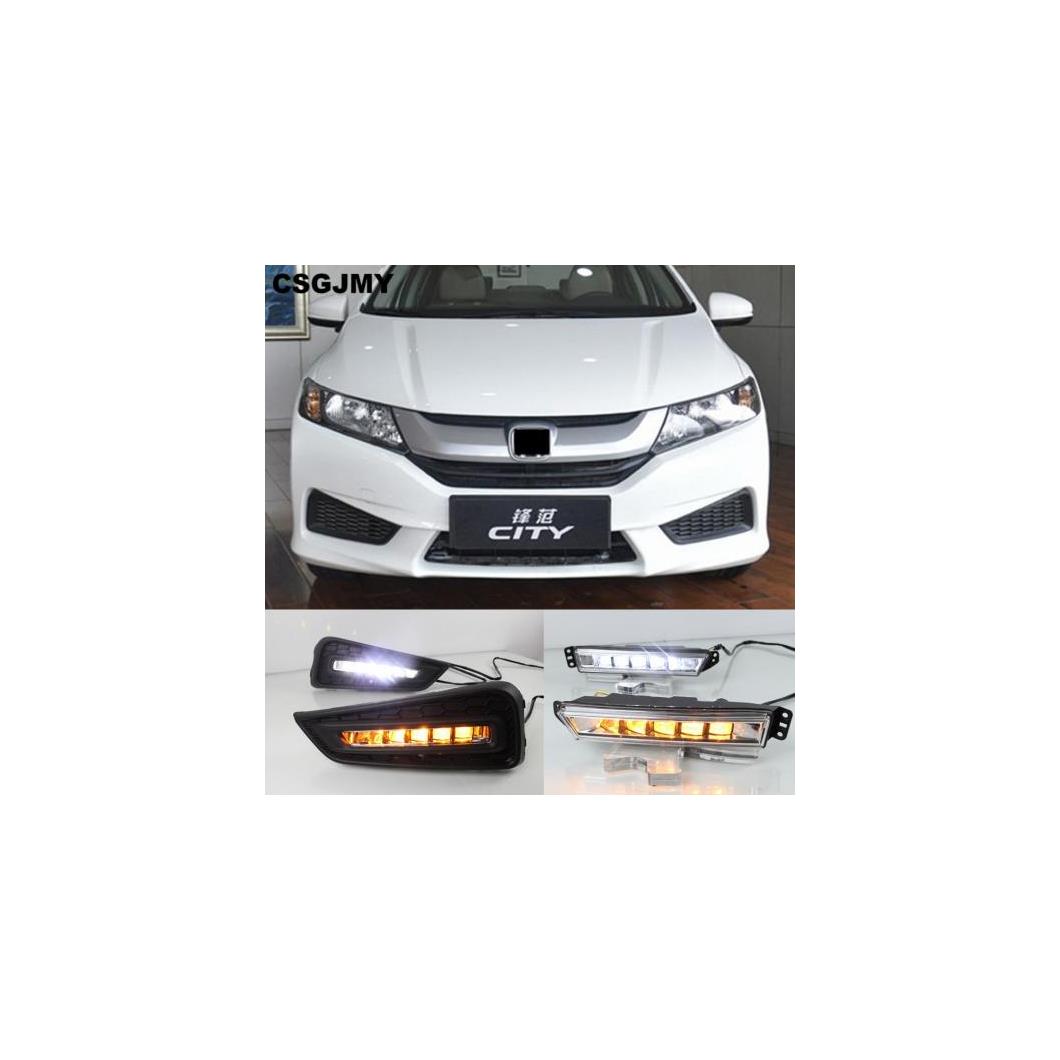 2個 12V DRL シティ 2015 2016 2017 イエロー カラーターニング シグナル フォグランプデイライト LED デイタイムランニングライト White and Yellow AL-BB-1571 AL Car plating parts