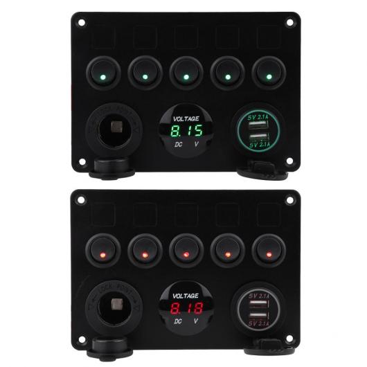 12-24V 5 ギャング　オン/オフ トグルスイッチ パネルデュアル USB ソケット充電器 LED 電圧計 12V 電源コンセント 車 ボート マリン RV トラック 選べる2カラー レッド・グリーン AL-DD-0618 AL Car parts