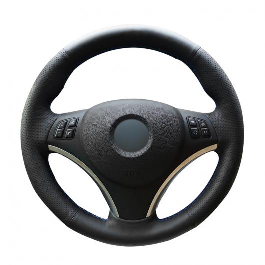 手縫い ブラック PUレザー ステアリング ホイール カバー ラップ 適用: BMW E90 320i 325i 330i 335i E87 120i 130i 120D ブラック糸～ブルー糸 AL-EE-7935 AL Interior parts for cars