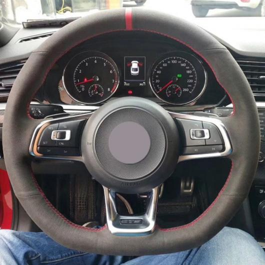 ステアリングホイールカバー 編み上げタイプ ブラックスウェード 適用: フォルクスワーゲン ゴルフ 7 GTI ゴルフ R MK7 VW ポロ GTI シロッコ 2015 2016 レッド 糸・ブルー 糸 AL-FF-0457 AL Interior parts for cars