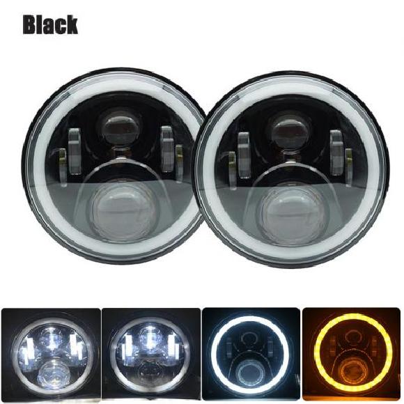 2ピース 7インチ LED ヘッドライト ラウンド 7インチ ヘッドライト イエロー＆ホワイト エンジェル アイ LED ヘッドライト 60-75W ハイ/ロー 6000K 2ピース ヘッドライト AL-KK-2834 2輪 AL Motorcycle parts