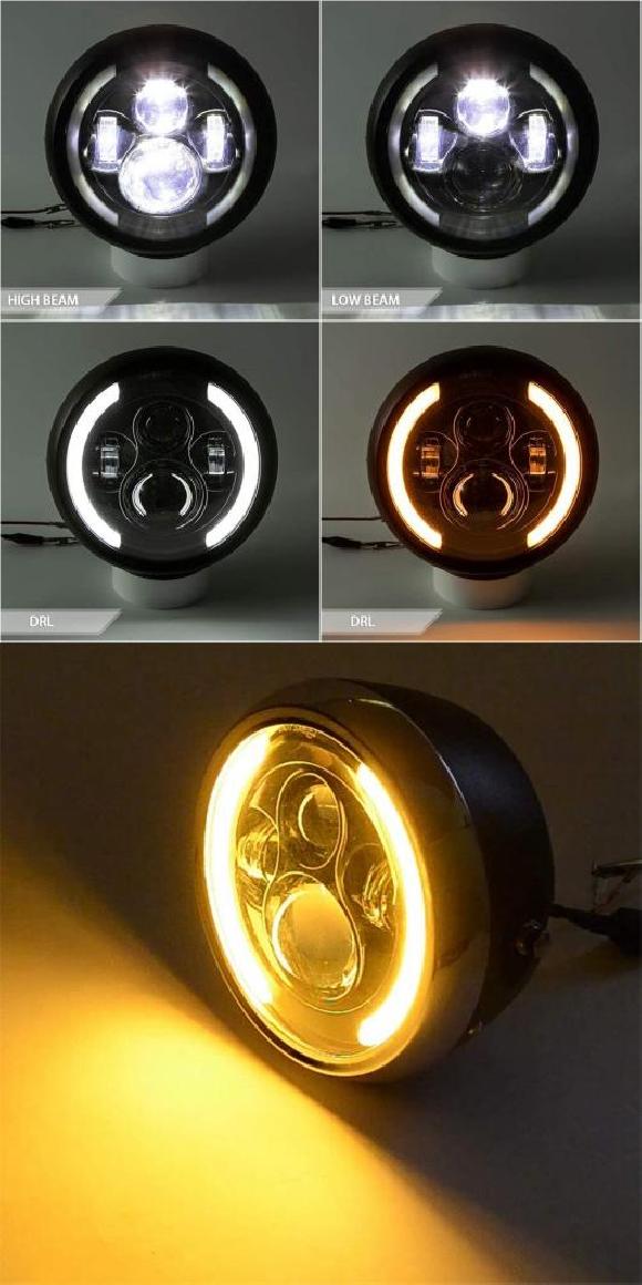 7.5インチ ユニバーサル ラウンド オートバイ LED ヘッドライト レトロ オートバイ ヘッドライト ブラック・シルバー×ブラック AL-KK-5239 2輪 AL Motorcycle parts