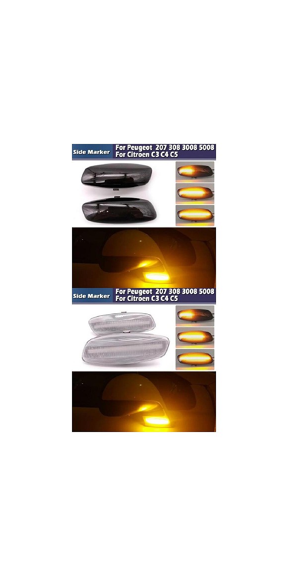 2ピース ダイナミック アンバー LED フロント サイドマーカー ライト 適用: プジョー/PEUGEOT 207 308 3008 5008 RCZ 2006-2015 スモーク・クリア AL-MM-5827 AL Car light