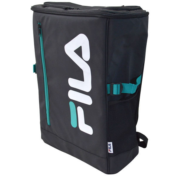 FILA(フィラ) ラージロゴ スクエアリュック ブラック/ブルーグリーン 容量30L B4サイズもらくらく収納 FIB1541(BK/BG) large logo square backpack
