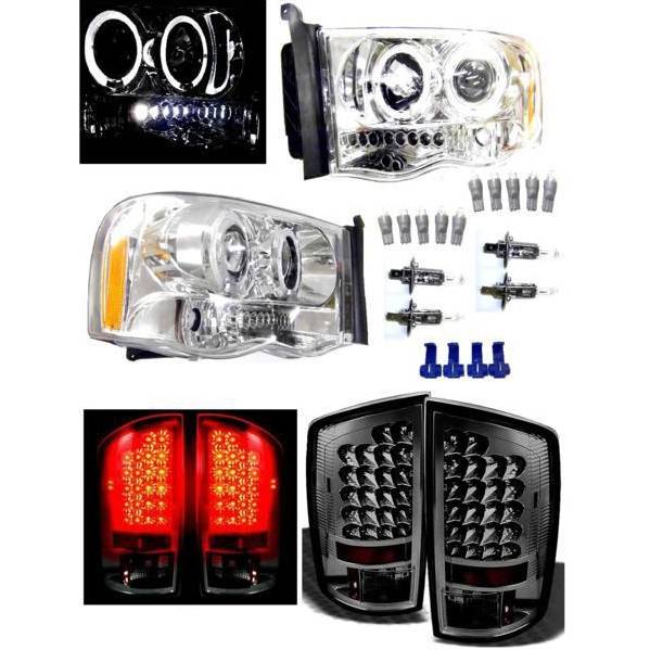 送料無料 特注日本光軸 ダッジ ラム P/U 02y- メッキ LED イカリング プロジェクター ヘッドライト & リア スモーク テールランプ 左右 SET｜AUTO PARTS JAPAN