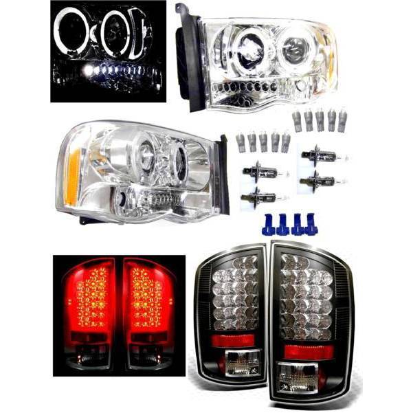 送料無料 特注日本光軸 ダッジ ラム P/U 02y- LED イカリング プロジェクター ヘッドライト & LED テールランプ ブラック 左右 テール ライト