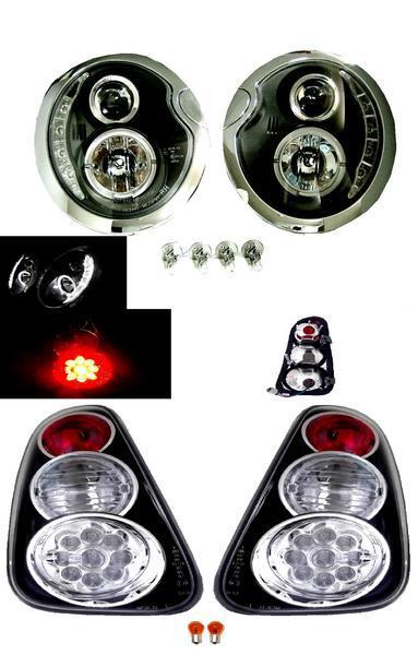 送料無料 MINI ミニクーパー R50 R52 R53 LED プロジェクター イカリング ヘッドライト ブラック インナー & テール ランプ SET