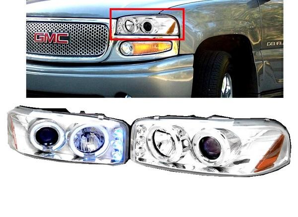 送料無料 特注日本光軸 GMC ユーコン デナリ シエラ LED イカリング プロジェクター ヘッドライト クローム 左右 セット ライト ヘッドランプ|AUTO PARTS JAPAN