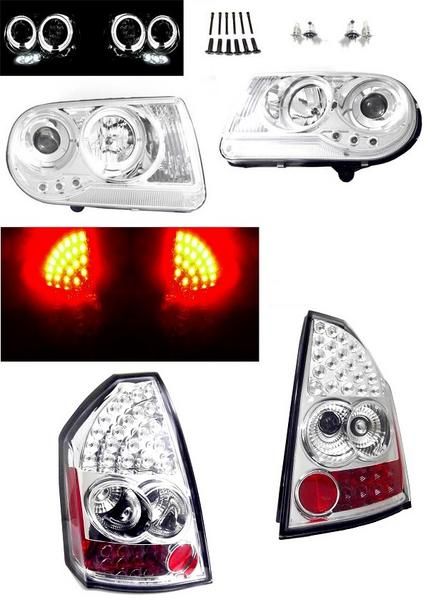 送料無料 クライスラー 300C プロジェクター イカリング ６連 ヘッドライト インナークローム & リア LED クリア テールランプ 左右 セット フル ダッジ ヘッドランプ テール ライト｜AUTO PARTS JAPAN