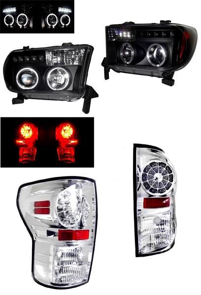 送料無料 トヨタ タンドラ 07y-11y プロジェクター LED イカリング ヘッドライト & 黒 リア LED クローム メッキ クリア テールランプ 左右 SET