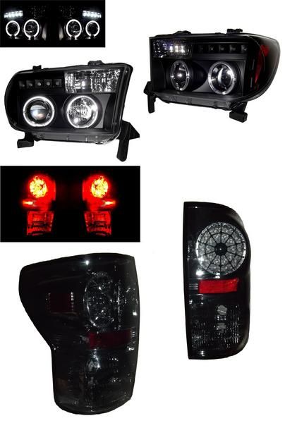 送料無料 トヨタ タンドラ 07y-11y プロジェクター LED イカリング ブラック ヘッドライト & スモーク LED テールランプ 左右 セット テール