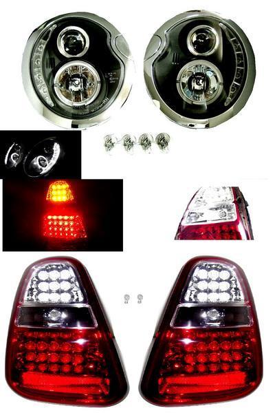 送料無料 日本光軸 ミニクーパー R50 R52 R53 後期 黒 LED プロジェクター イカリング ヘッドライト & LED コンビ テールランプ 左右 セット