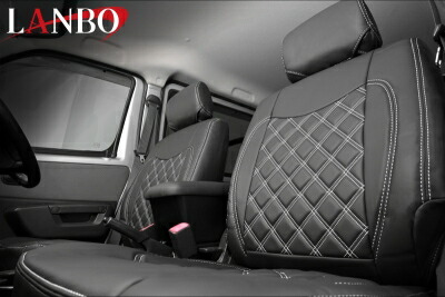 S402M/S412M タウンエース LANBO レザーシートカバー キルトデザイン ブラックレザー x ホワイトステッチ