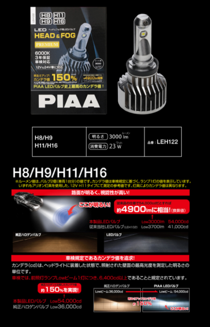 即納！最大半額！ PIAAピアLEH122ヘッドライト フォグ用LEDバルブH8 H9