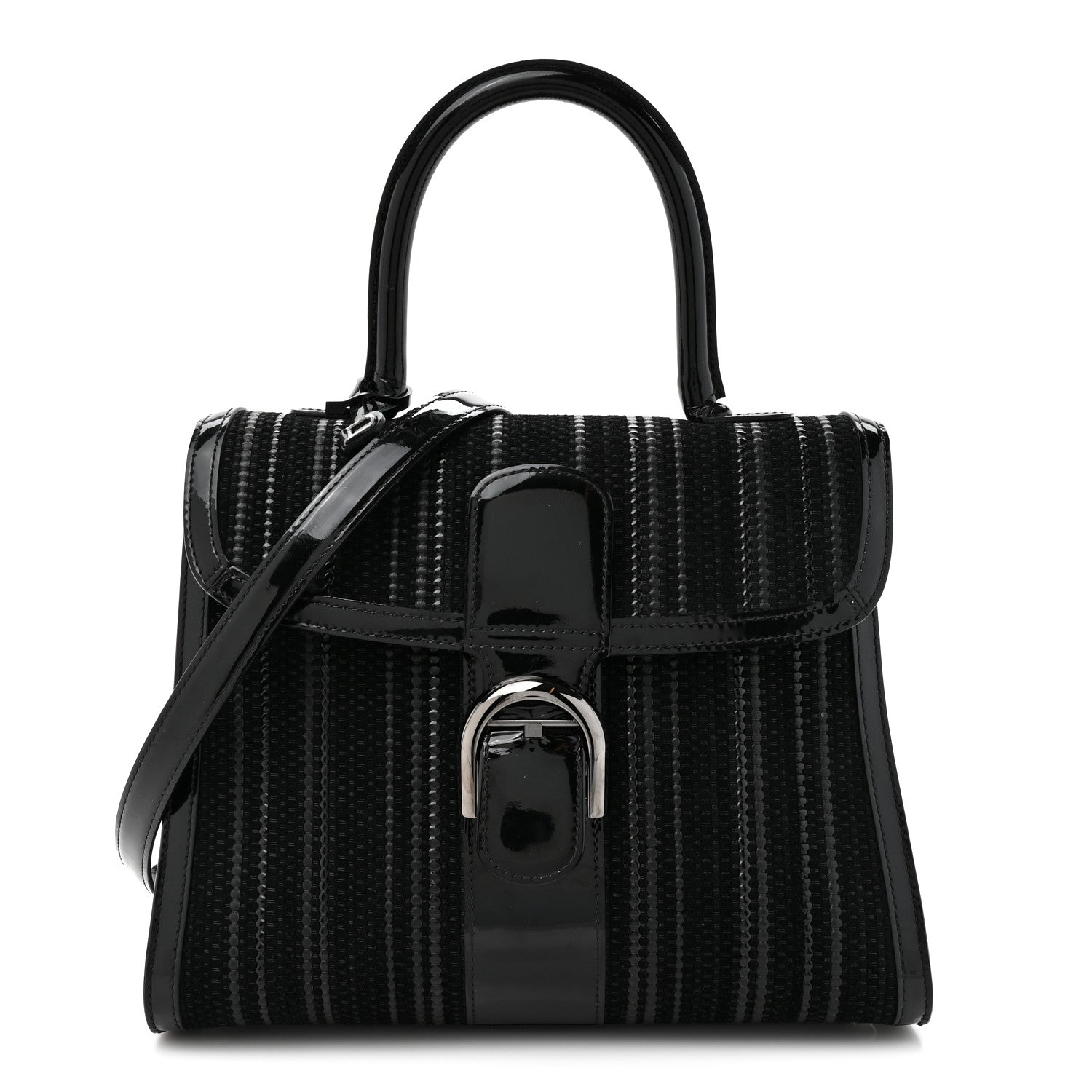デルヴォー ブリヨン MM ショルダーバッグ Black 帆布 / パテントカーフスキン 黒いこと金具 DELVAUX BRILLANT MM SHOULDER BAG BLACK CANVAS / PATENT CALFSKIN BLACK HARDWARE