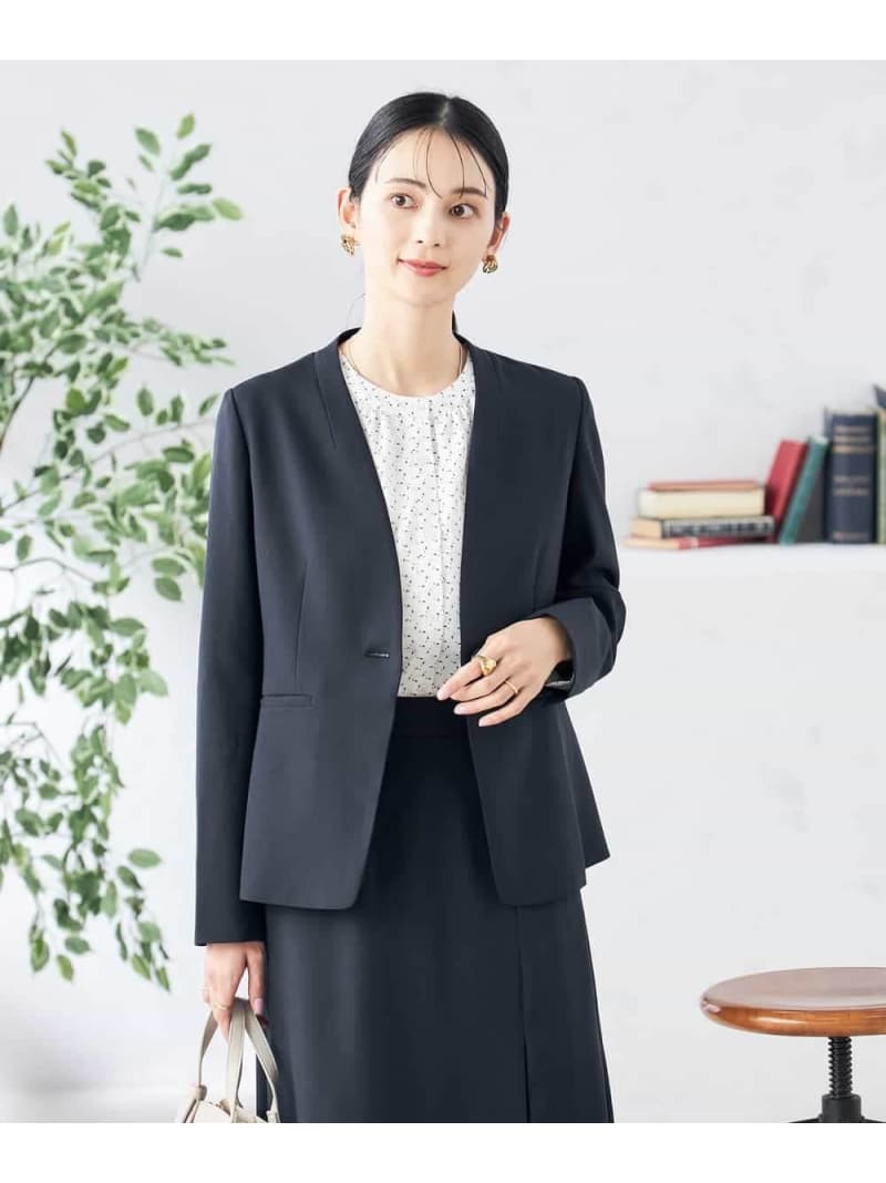【SALE／20%OFF】【洗える/伸ばすこと/UV撥ねのける】麻調ストレッチノーカラージャケット a.v.v アー・ヴェ・ヴェ ジャケット・アウター 否色つや上衣 米国海軍 薄墨色 ベージュ【RBA_E】【貨物輸送無料】[ Fashion]