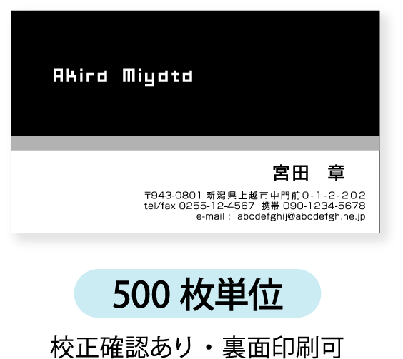 モノクロ名刺 名刺印刷　名刺作成【500枚単位】名刺ケース1個付属 黒のベタ塗とグレーラインの組み合わせのデザインです