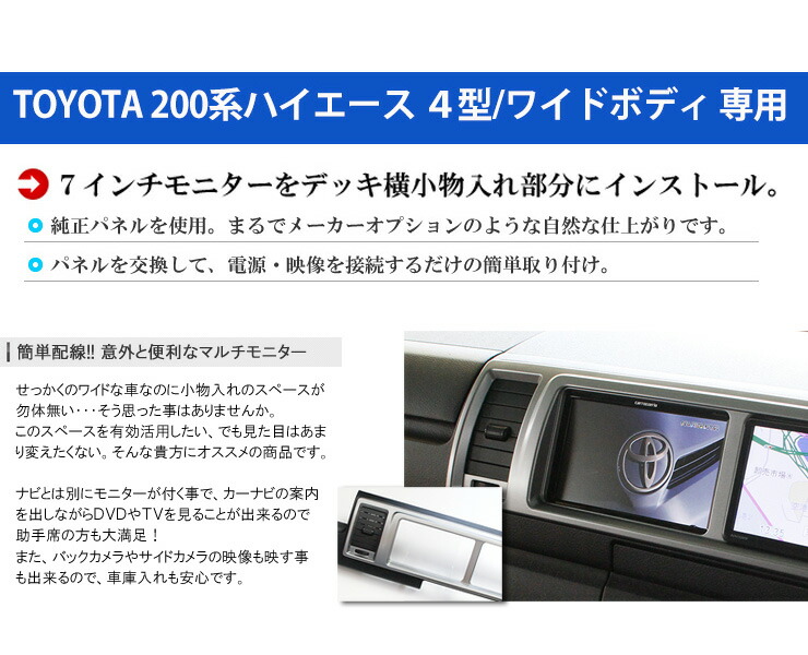 トヨタ 0系ハイエース Toyota ワイド用 ワイド用 4型 5型 6型専用ダブルモニター支援キット カロッツェリア Tvm W710モニター付き 7インチ モニター追加 モニター増設 モニター追加 Toyota Hiace Carrozzeria Monitor オーサムジャパン Awesomeデッキ横小物入れ部分