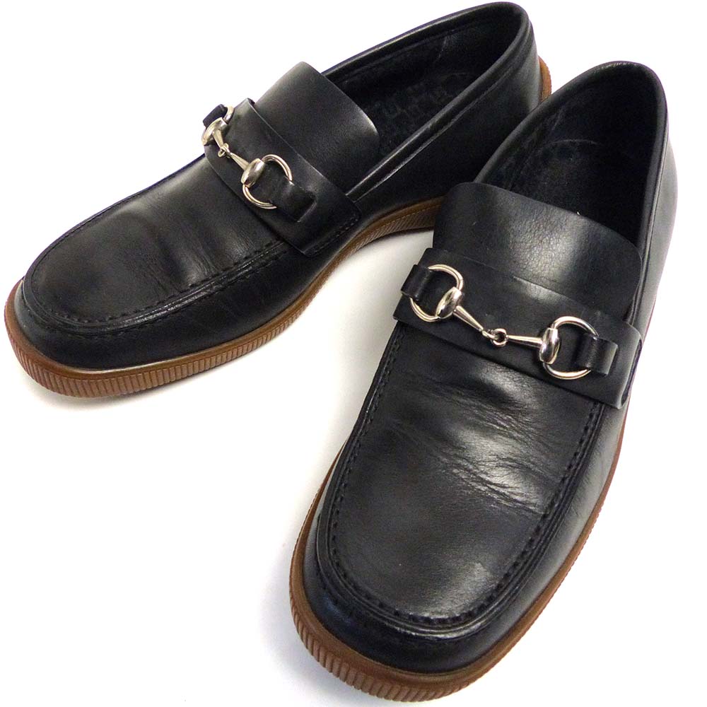 GUCCI グッチ ビットローファー スクエアトゥ ブラック 24.5 グッチGUCCI ホースビットスクエアトゥレザーローファー 黒40E