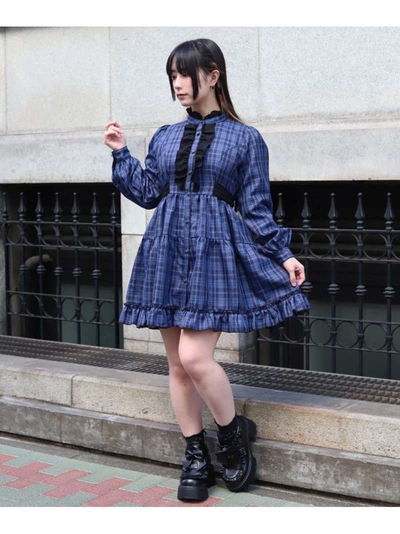 チェックフリルシャツワンピース axes femme POETIQUE アクシーズファム ワンピース・ドレス ワンピース ブルー ピンク【送料無料】[ Fashion]