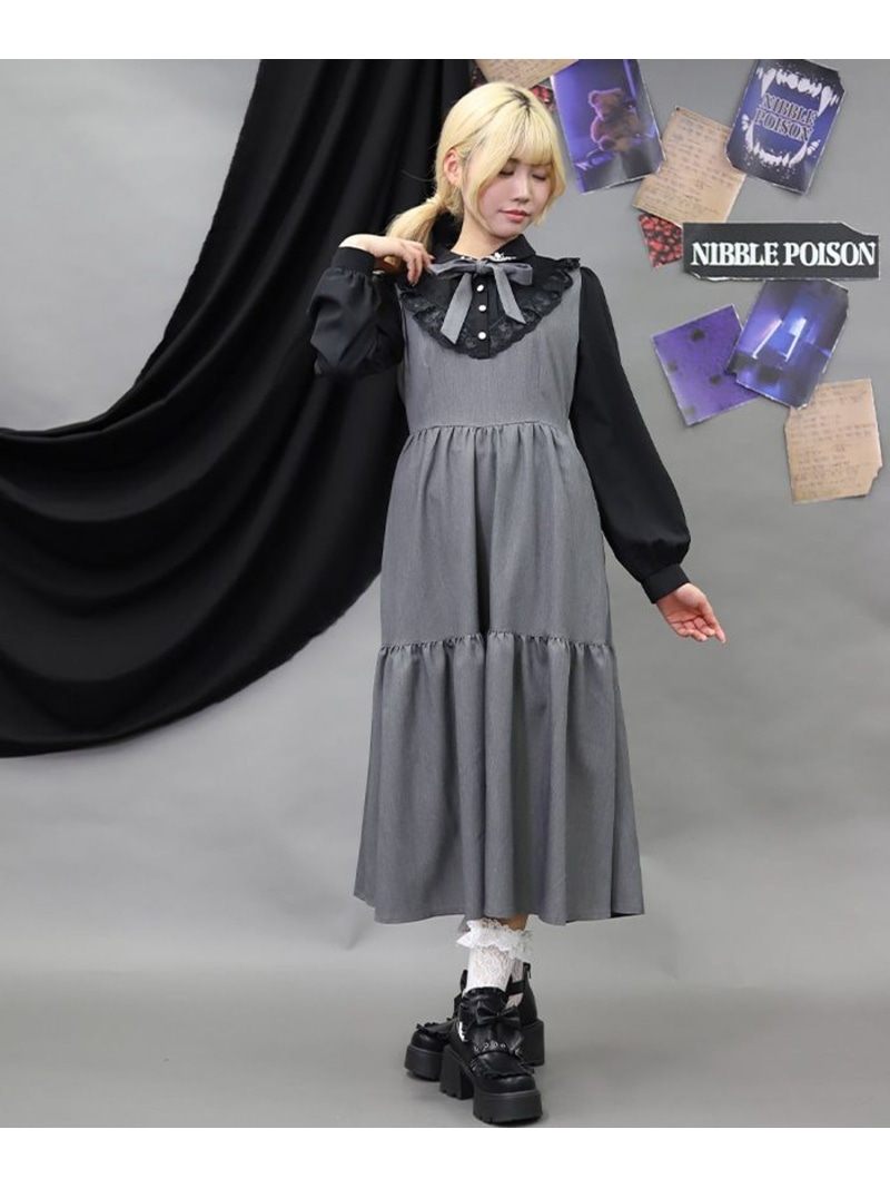 猫刺繍ブロッキングワンピース axes femme POETIQUE アクシーズファム ワンピース・ドレス ワンピース グレー【送料無料】[ Fashion]