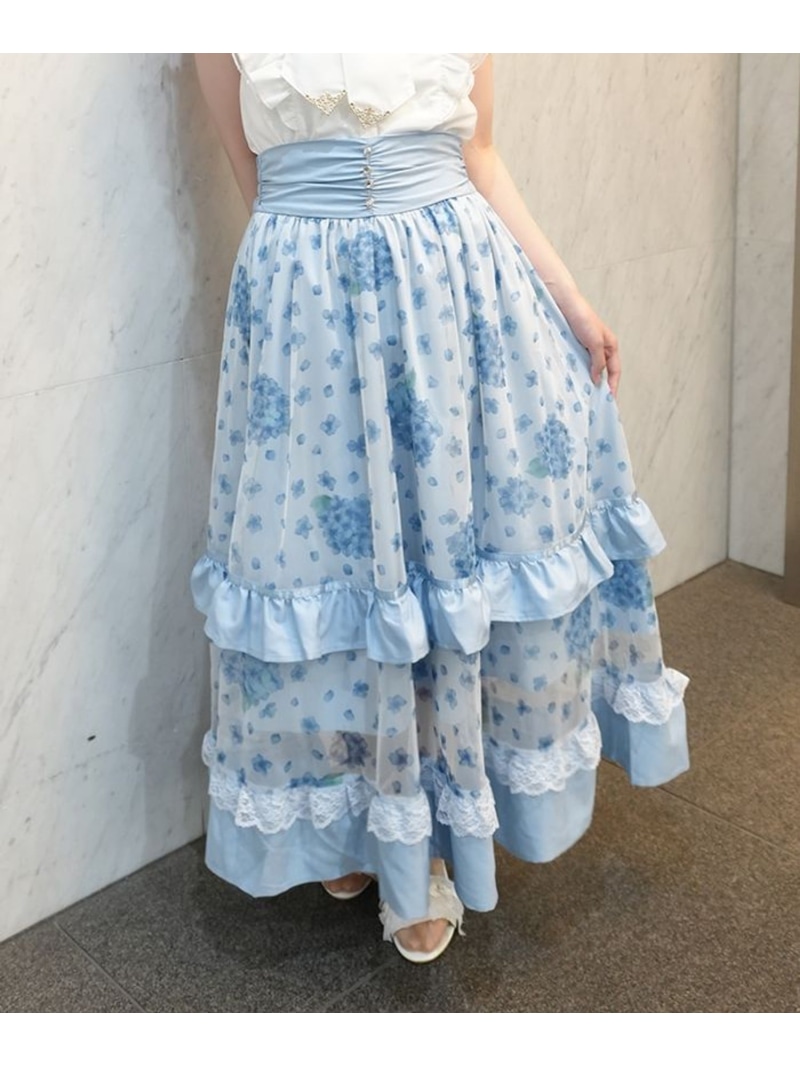 アジサイ柄プリントチュールスカート axes femme POETIQUE アクシーズファム スコート 余分の物のスコート パープル 青み【貨物輸送無料】[ Fashion]
