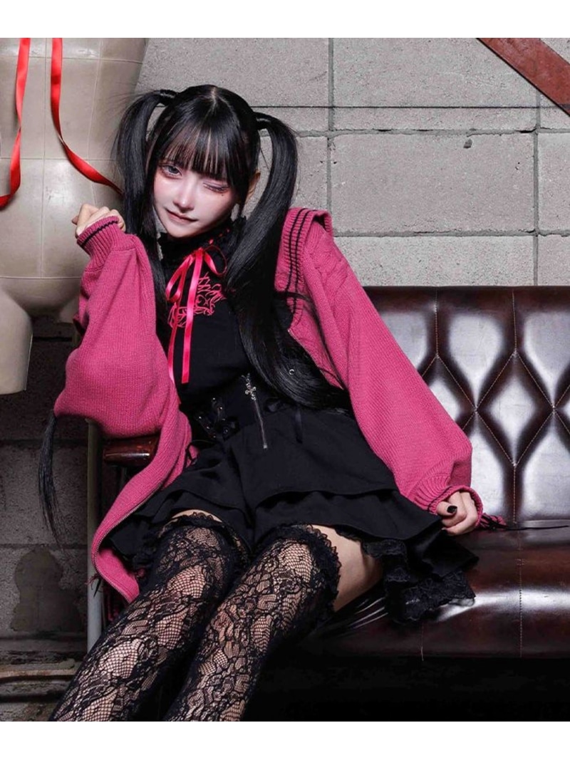 ダメージセーラーニットカーディガン axes femme POETIQUE アクシーズファム トップス カーディガン ピンク【送料無料】[ Fashion]