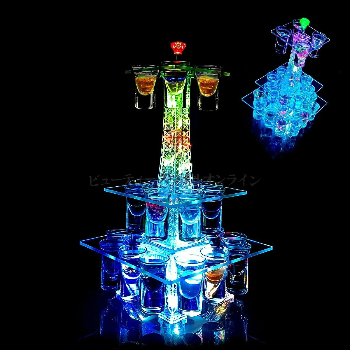 LEDテキーラ観覧酒ボトルスタンド グラス6個付き 卓上USB充電式 コードレス操作 忘年会新年会 パーティーカラオケ 飲み会雰囲気作り 高輝度LEDランプデザイン 自立型省スペース｜あくせらいふ