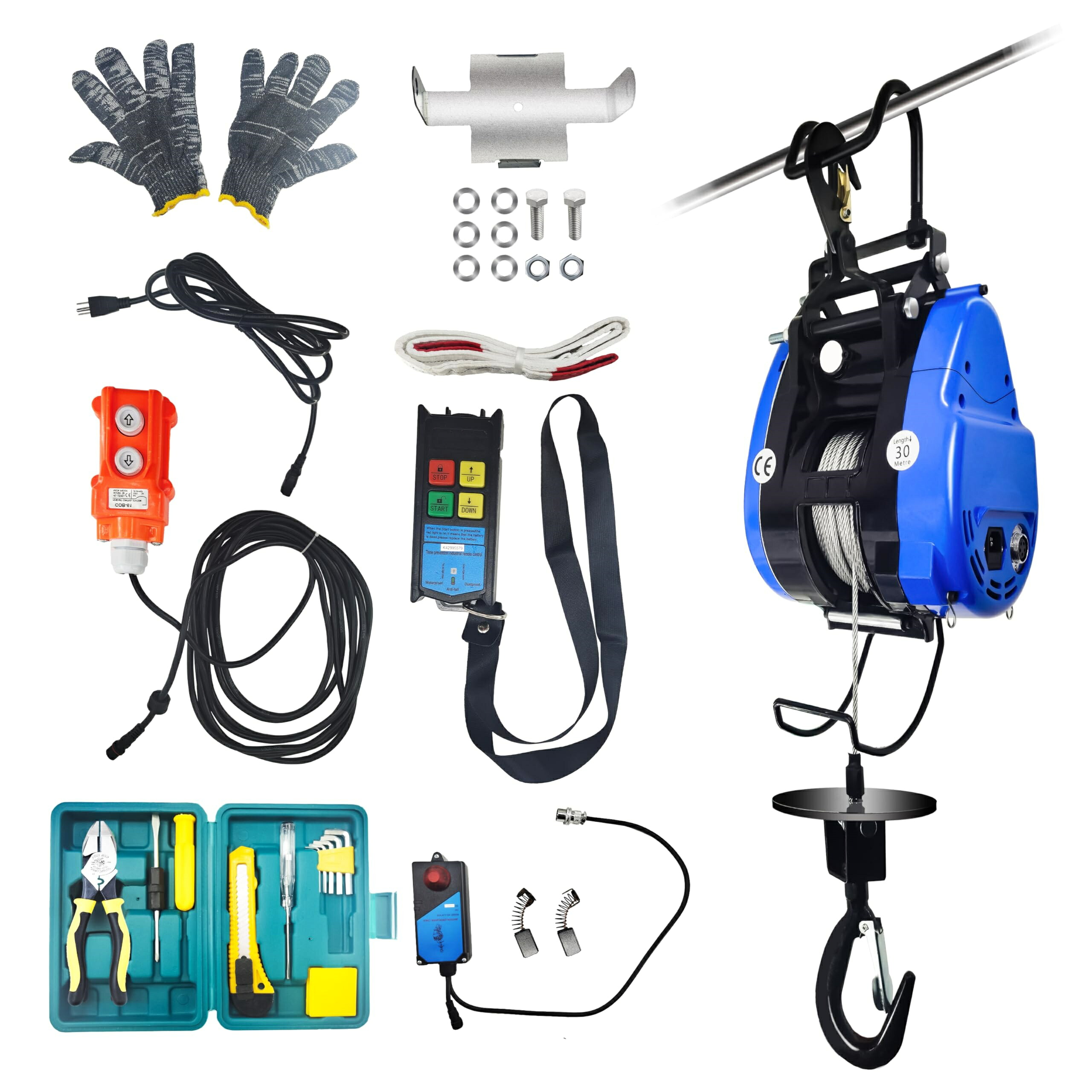 電動轆轤 小型 轆轤 100v 2024新型 300kg 電動 ホイスト 小型起重機 持ちはこぶ型で 超強掛け目は300 kgに達する 巻き上げ機 素早さ19m/時間身寄り用 御勤め用 冷房装置の据え付ける、引っ張ること、 かざり付ける工事、荷役 昇降機高さ30m V2/1600 W 無線電話遠隔操作/有線抑えつける