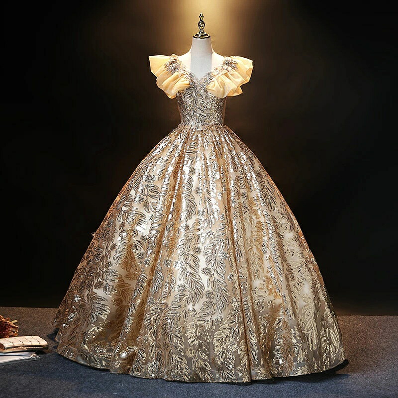 ウェディングドレス ウエディングドレス カラードレス 演奏会 ゴールド 結婚式 花嫁 ロングドレス 披露宴 イブニングドレス 二次会ドレス 発表会ドレス 舞台ドレス ステージ衣装 ゴージャス 華やか オペラ コスチューム パーティードレス コンサート カクテルドレス｜あくせらいふ 16,776円