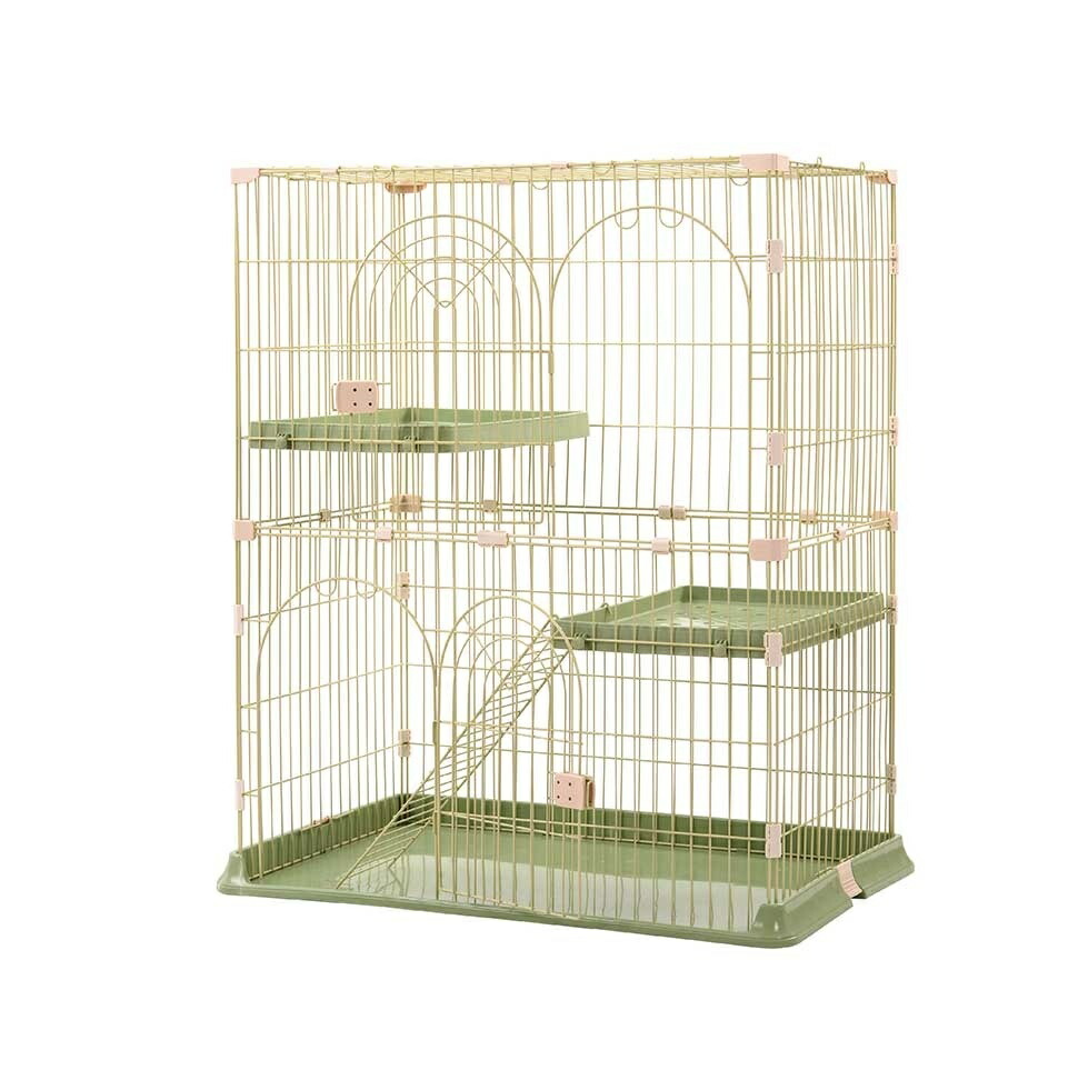 【2段キャットケージ／大屋根付き添い人】今めかしい猫伏せ篭 大型棚板・ハシゴ付き添い人 多頭飼い相応う 錆びにくいスチール写真製 精神的な統合飾り気のない（緑であること）