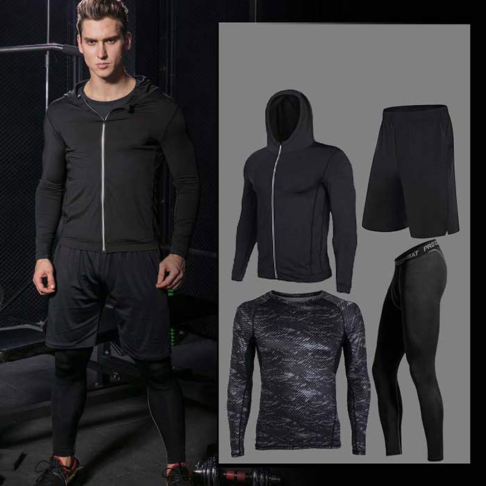 ジムウェア メンズ スポーツウェア 発汗効果 上下4点セット トレーニングウェア 運動着 長袖tシャツ 半ズボン 長ズボン ジャケット ランニングウェア マッスル ブラック シンプル S M L Xl 2xl 3xl ジャージー すかっと ボディコン ダブレット 8スタイリング 夏秋冬