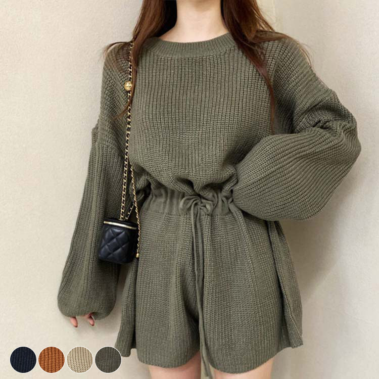 サロペット レディース オールインワン ショート丈 ニット ニットオールインワン ショートパンツ 長袖 おしゃれ かわいい 韓国