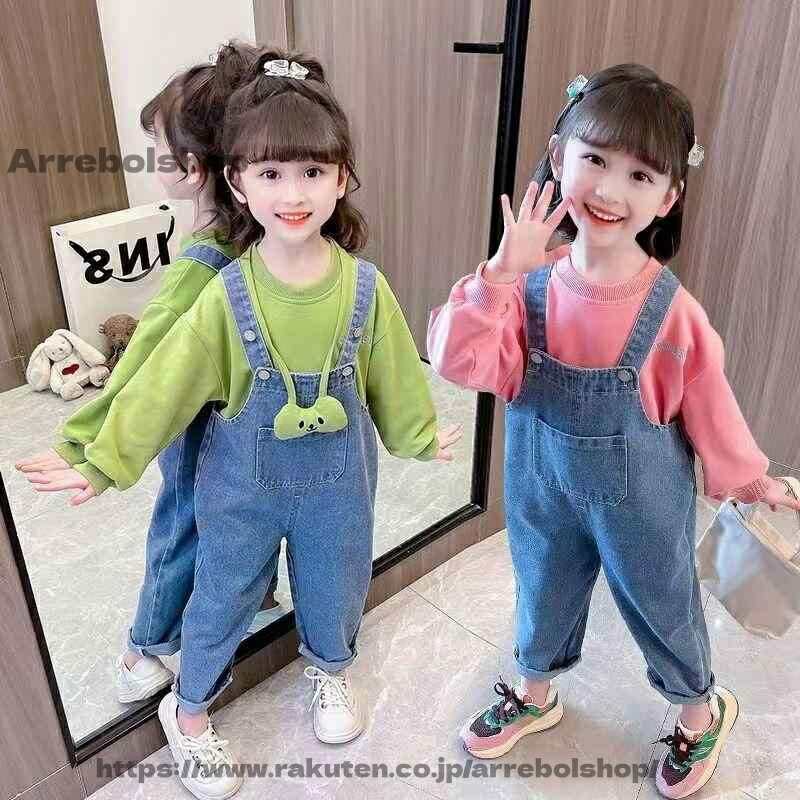 【送料無料】セットアップ 女の子 ベビー キッズ デニム オーバーオール サロペット 長袖 スウェット トレーナー 綿 コットン かわいい おしゃれ カジュアル お出かけ 春秋