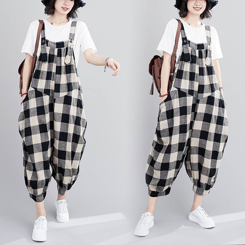 パンツ サロペット ワイドパンツ アンクル丈 7分丈 ノースリーブ スクエアネック ストレート ワイド ポケット 大人可愛い カジュアル おしゃれ かっこいい レトロ こなれ感 ラフ ボーイッシュ ルーズ 個性的 クール 存在感 抜け感 格子柄 春 夏 10代 20代 30代