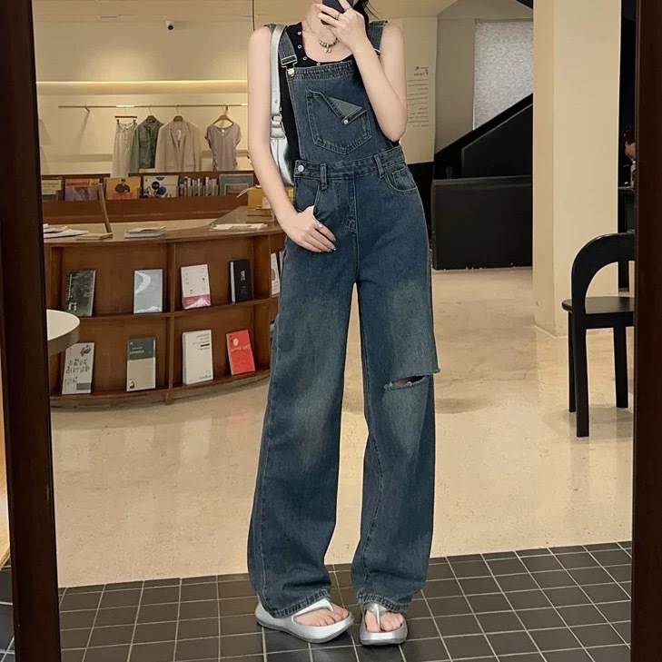 レディース パンツ ボトムス サロペット オールインワン つなぎ デニム デニムパンツ ジャンプスーツ オーバーオール ロング 袖なし ノースリーブ ワイド ストレート ポケット ハイウエスト ボタン ヴィンテージ アメカジ ダメージ 9,996円