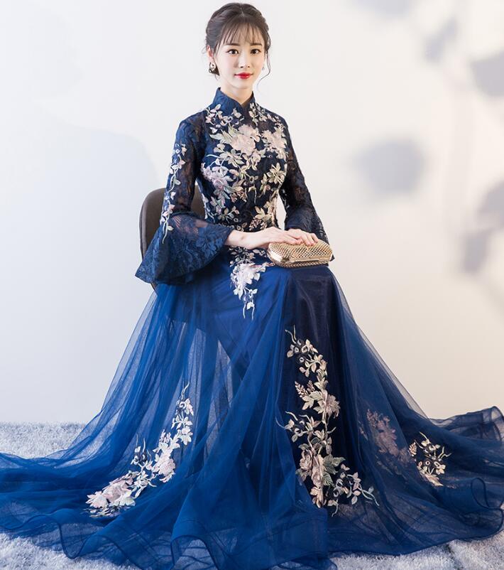 パーティードレス レディース ロングドレス 演奏会 大人 マキシ丈 ゴージャス セレモニー 結婚式 発表会 披露宴 ウェディング パーティー イブニング 二次会 お呼ばれ 長袖 花柄 フォーマル 立ち襟|AYABalloon