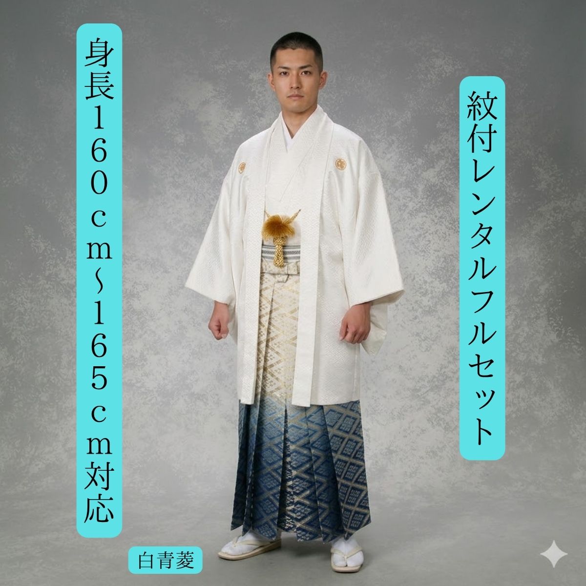 賃貸  紋付袴賃貸 白 青菱 御召しもの賃貸 紋付き 色打掛 白無垢書き割りで書き割り割有 紋服 男物羽織袴 御芽出度 花むこ御召しもの 成年者式 卒式 貨物輸送無料 足袋まで付いたフルセット