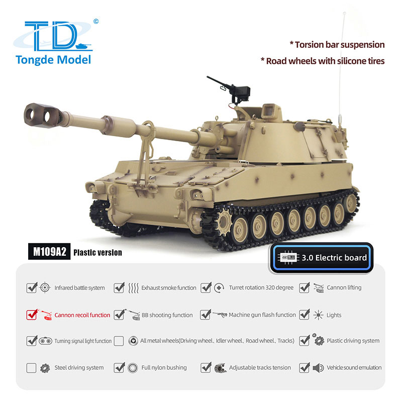 Tongde Model 1/16 M109A2自走式榴弾砲 2.4GHz（プラ製ギアボックス・プラ製キャタピラ・プラ製ホイール・BBリコイル・サウンド・発煙仕様）M2109