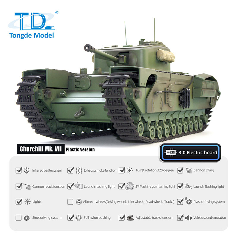 Tongde Model 1/16 チャーチル Churchill Mk.VII 2.4GHz（プラ製ギアボックス・プラ製キャタピラ・プラ製ホイール・BBリコイル・サウンド・発煙仕様）C2310