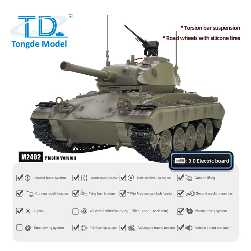 Tongde Model 1/16 M24 チャフィー CHAFFEE 2.4GHz（プラ製ギアボックス・プラ製キャタピラ・プラ製ホイール・BBリコイル・サウンド・発煙仕様）M2402
