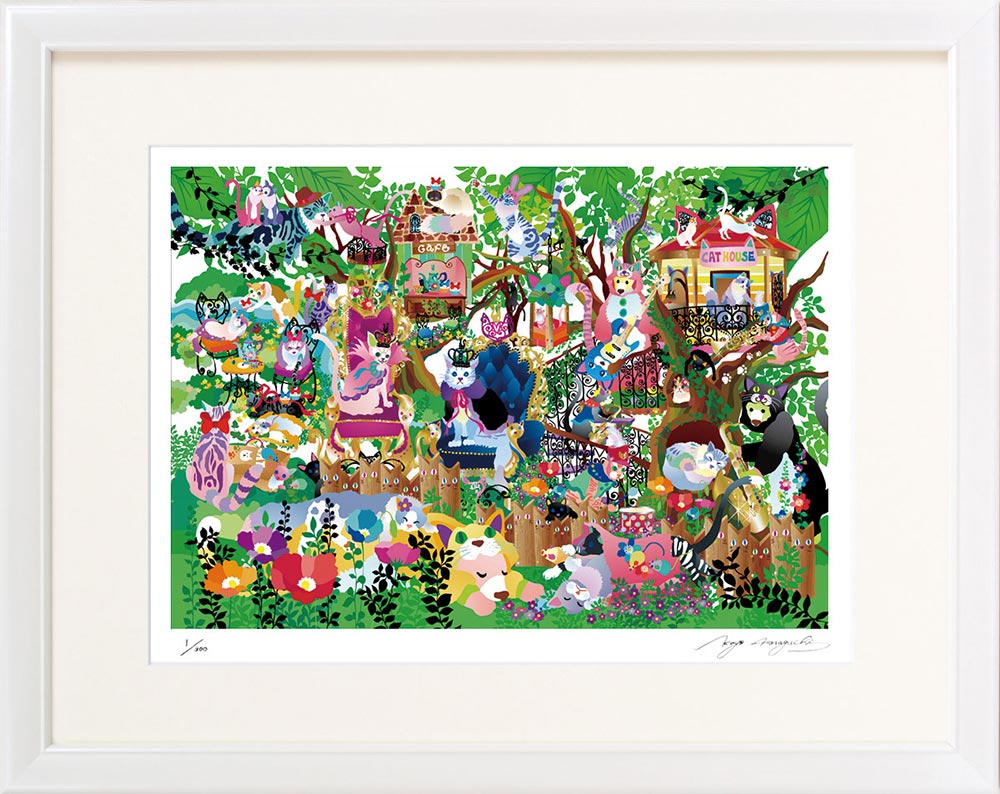 絵画 ホラグチ カヨ 猫の王国は今日もにぎやか インテリア 壁 に飾る絵 リビング 玄関 ギフト 子ども部屋 かわいい 元気になる絵 プレゼント アート フレーム付 壁飾り 額縁付き 御祝 贈り物 LLサイズ おしゃれ 壁掛け 絵|絵画・壁飾り 風景専門店あゆわら